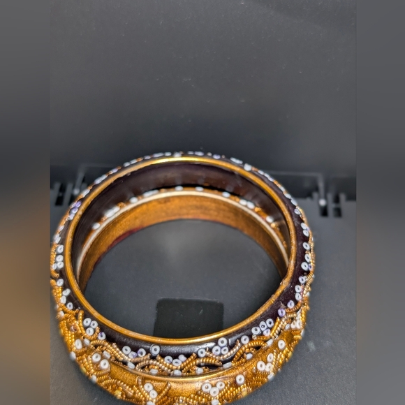 Hand Beaded Wood Bangles Gold White Seed Bead Boho Luxe Artisan Global Artisan - Picture 5 of 5